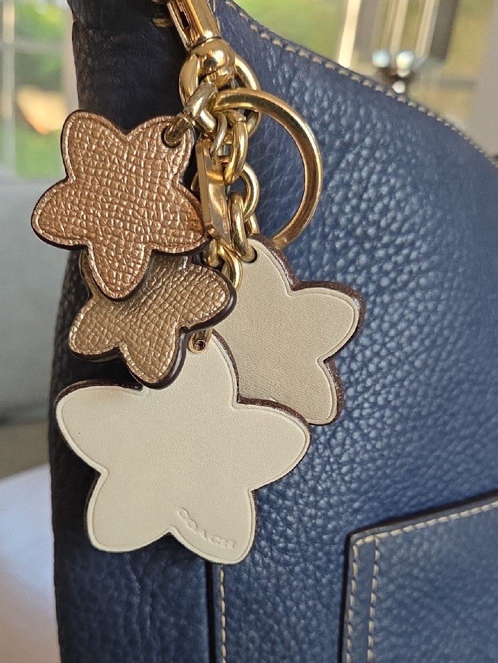 COACH Floral Metallic Leather Keychain with Gold Hardware - Picture 5 of 10
